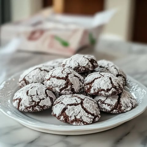 Auf dem Tisch steht ein Teller mit schokoladigen Crinkle-Keksen, die dick mit Puderzucker bestäubt sind.
