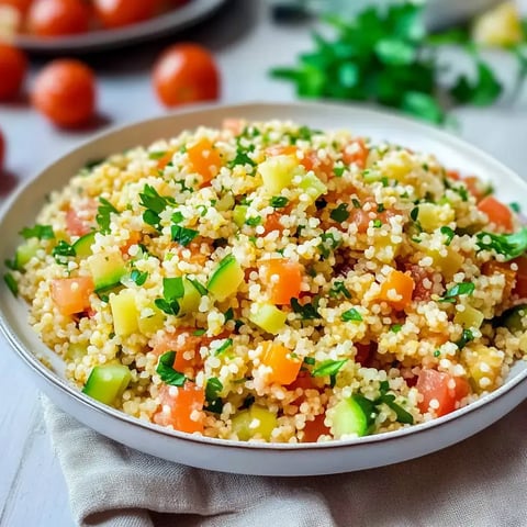 Knackiger Bulgursalat mit frischem Gemüse und Kräutern auf einem Teller.