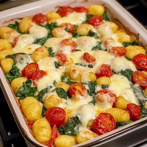 Im Auflauf vereinen sich Gnocchi mit Spinat, kleinen Tomaten und jeder Menge geschmolzenem Käse.