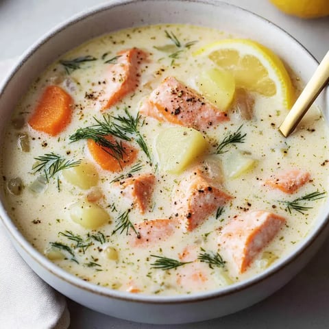 Schale mit cremiger Lachs-Gemüse-Suppe, getoppt mit Dill und Zitrone.