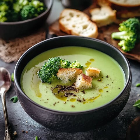 Schüssel voll grüner Brokkoli-Sahnesuppe, garniert mit Brokkoliröschen, Croutons und einem Schwung Olivenöl.