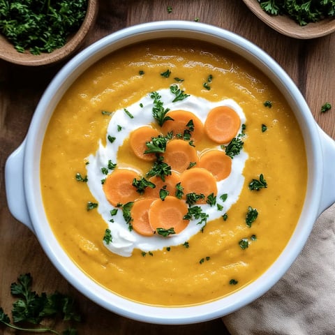 Eine Schüssel Suppe mit Möhren und Sahne.