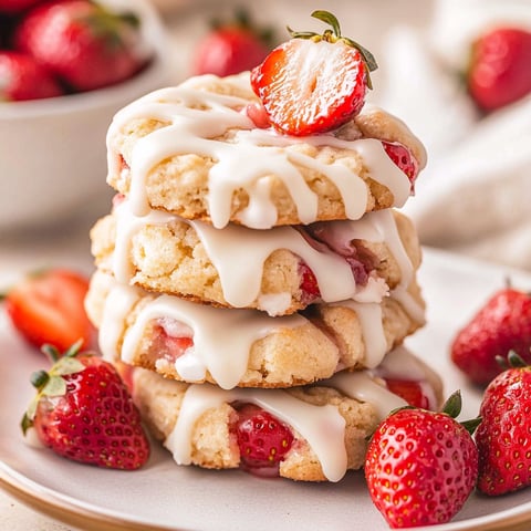 Ein Stapel Kekse, oben drauf frische Erdbeeren.