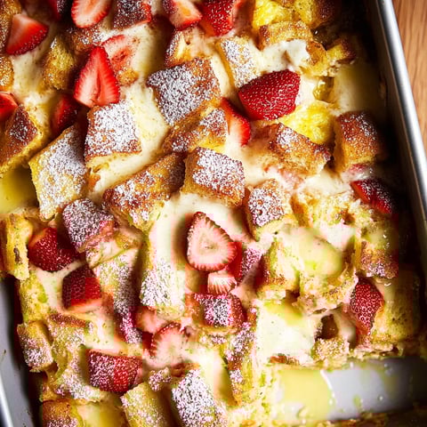 In der Pfanne gebackener Toast mit Erdbeeren und Puderzucker.