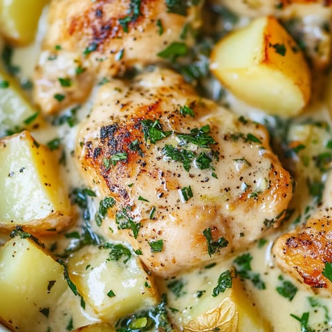 Huhn mit Kartoffeln und Kräutern.