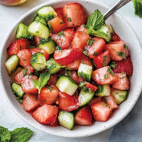 Eine Schüssel Obstsalat mit Erdbeeren, Gurken und Tomaten.
