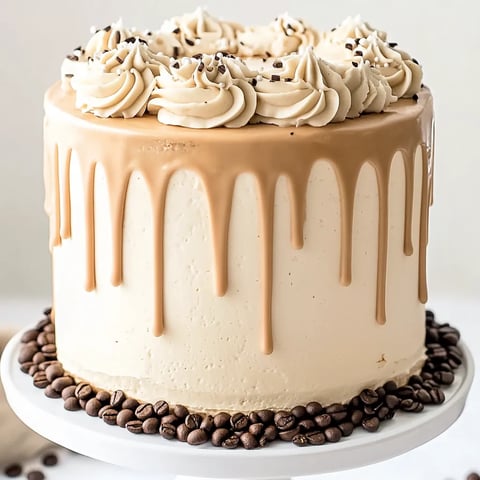 Eine Torte mit weißer Creme und Schokosoße obendrauf.