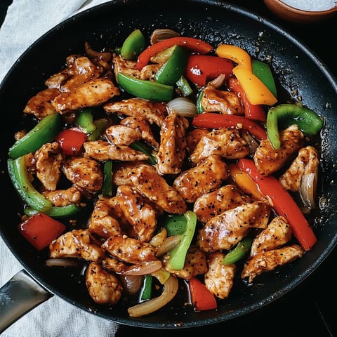 Hähnchenstreifen mit Paprika und Zwiebeln in der Pfanne.