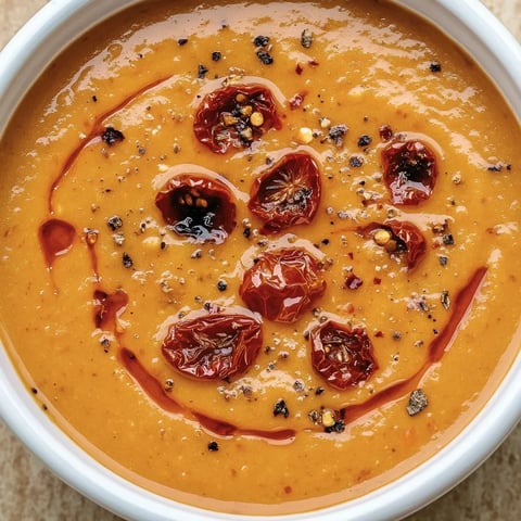 Eine Schüssel Suppe mit Tomatenstücken.