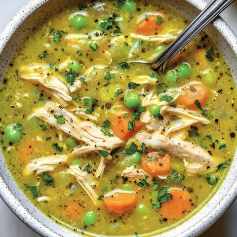 Schüssel mit Hühnersuppe und grünen Erbsen.