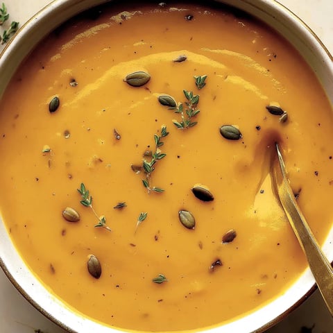 Schale mit Suppe und Löffel, servierbereit.
