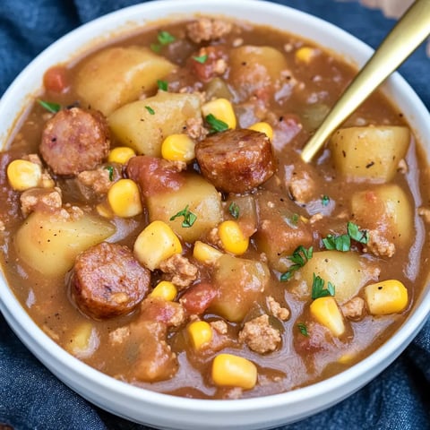 Ein Schälchen Eintopf mit Wurst, Mais und Kartoffeln.