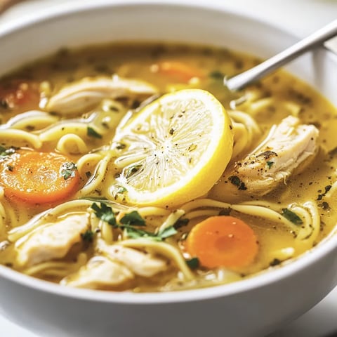 Schale Suppe mit Möhren und Zitrone.