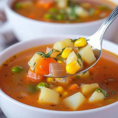 Ein Löffel steckt in einer Schale Suppe.
