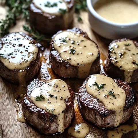 Steak mit Soße auf Holztisch.
