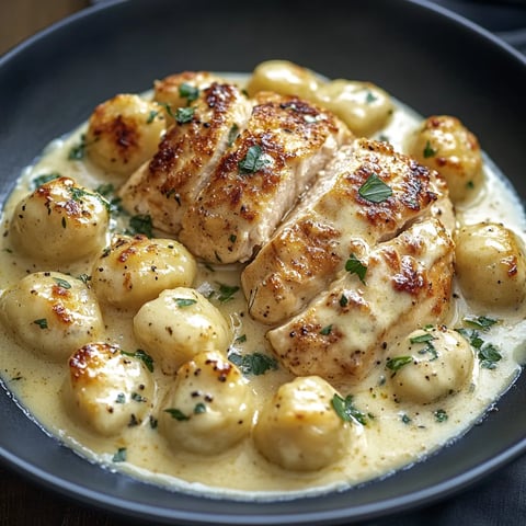Ein Teller mit Hähnchen und Kartoffelklößchen.