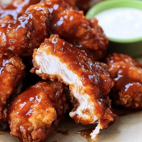 Ein voller Teller mit Hähnchenstreifen in BBQ Sauce.