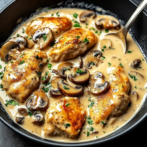 Eine Schale Hähnchen mit Pilzen und Kräutern.