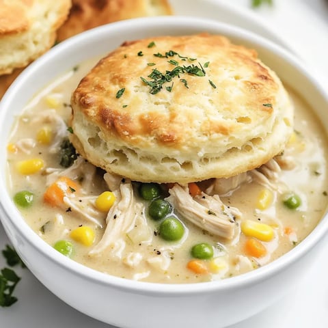 Schale mit Hähncheneintopf, obendrauf ein frisches Brötchen.