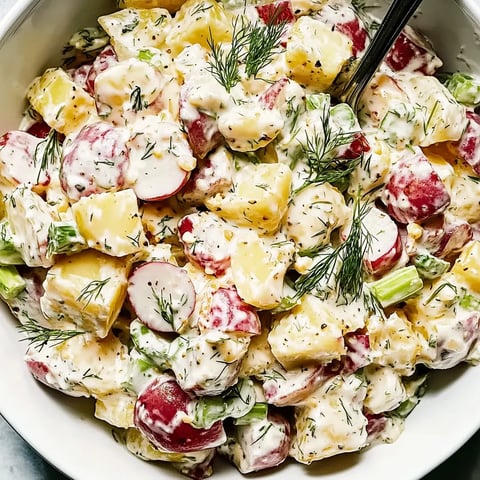 Eine Schüssel voller Kartoffelsalat mit Gabel.
