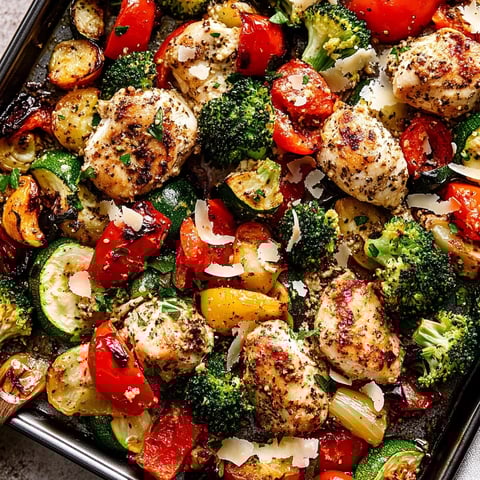 Ein Ofenblech mit Hähnchen, Brokkoli und Tomaten.