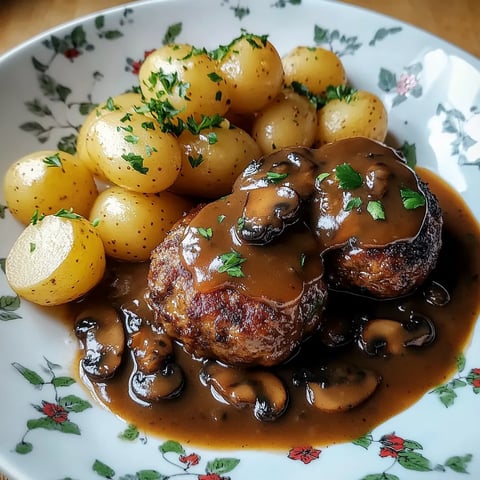 Weißer Teller mit Fleisch, Pilzen und Kartoffeln drauf.