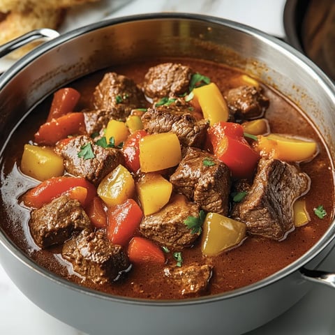 Ein Topf mit buntem Mix aus Fleisch, Gemüse und Kartoffeln.