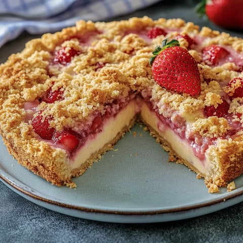 Ein Stück Erdbeer-Streuselkuchen mit frischen Beeren auf dem Teller.