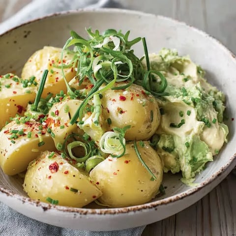 Eine Schüssel mit Kartoffeln und knallgrünem Avocado-Dip.