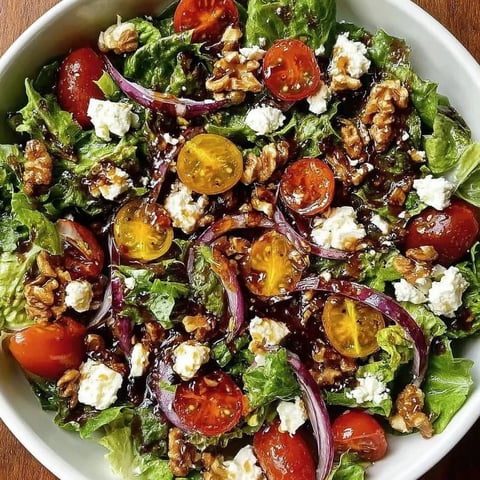 Auf einem großen Teller liegt leckerer Feldsalat mit Feta und Honigdressing, total einladend angerichtet.