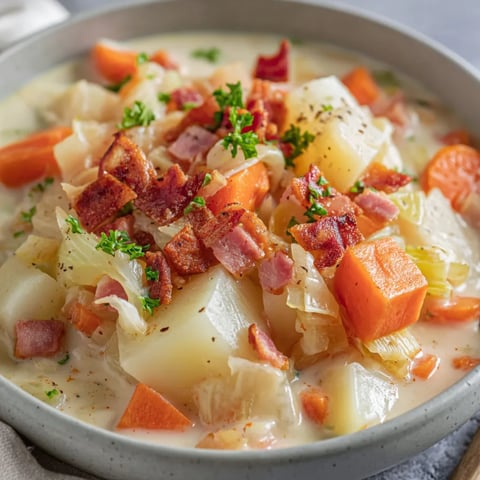 Ein Kohlrabi-Eintopf mit Kartoffeln, Möhren und Schinkenwürfel in einem großen, silbernen Behälter.