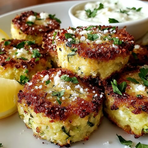 Eine Platte mit knusprigen Zucchini-Feta-Bällchen, die in einer Sauce serviert werden.
