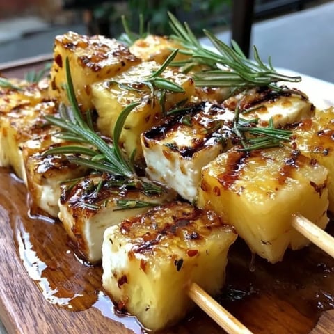 Eine Platte mit Ananas-Feta-Spießen, die mit Rosmarin und Chilihonig garniert sind.