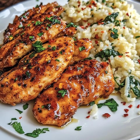 Cremiger Parmesan Spinat Reis mit würzigem Knoblauch-Hähnchen