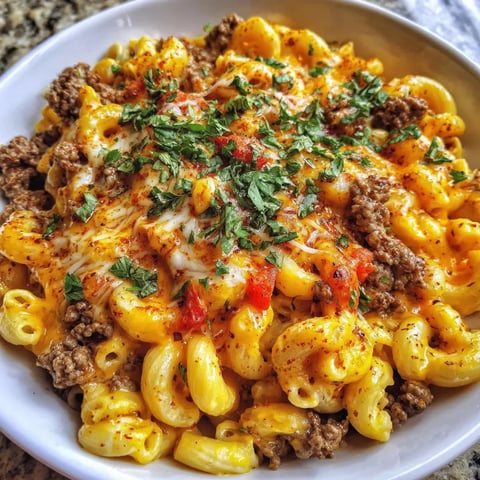 Ein Topf Cajun Rindfleisch mit Cheddar und Pasta