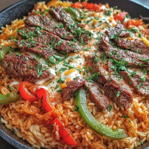 Queso Steak Fajita Pfanne auf mexikanischem Reis