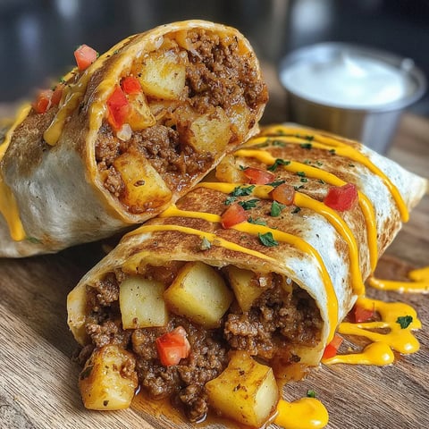 Käse Rind & Kartoffel Burritos mit Nacho-Sauce