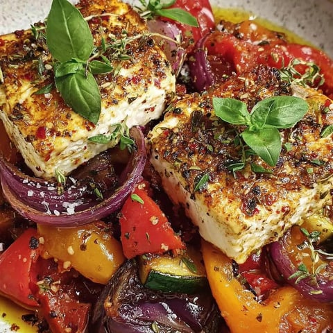 Eine Platte mit Gebratener Feta im griechischen Stil, die mit verschiedenen Gemüsearten wie Tomaten, Zucchini und Paprika garniert ist.