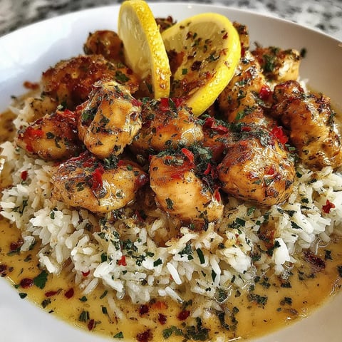 Scampi-Huhn mit cremigem Knoblauch-Parmesan-Reis. Zutaten: