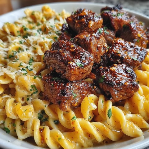 Steakstücke in Knoblauchbutter mit Alfredo-Pasta