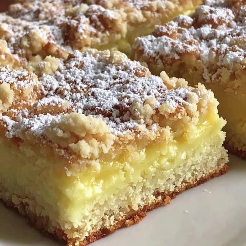 Streuselkuchen mit Vanillepudding auf einem Teller.