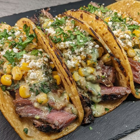 A plate of BBQ brisket elote tacos.