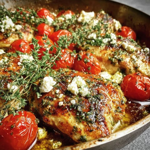 A pan of grilled chicken with tomatoes and feta cheese.