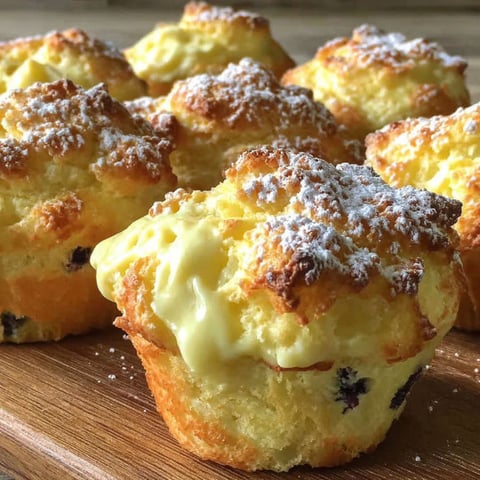 A plate of quark muffins with powdered sugar on top.