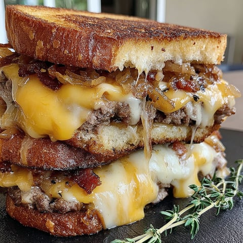 A stack of three sandwiches with cheese and bacon.