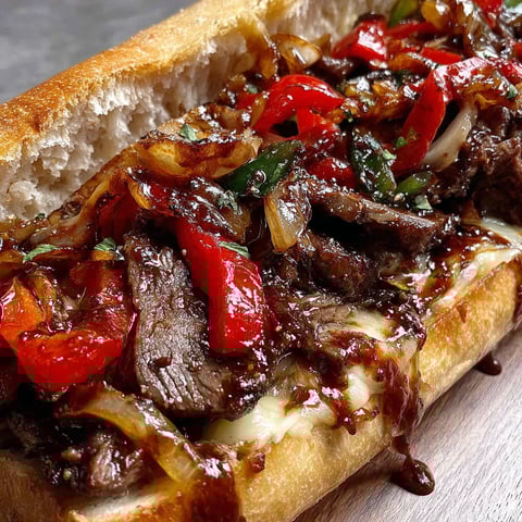 A close up of a cheesesteak with onions and peppers.