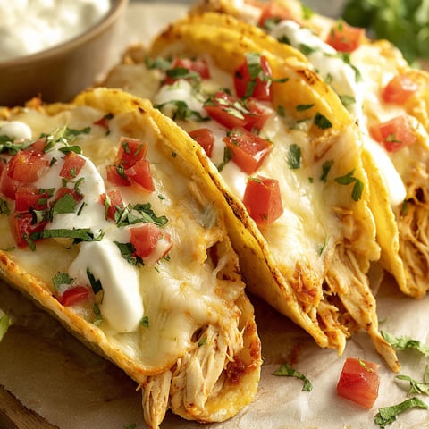 Two cheesy baked chicken tacos on a plate.