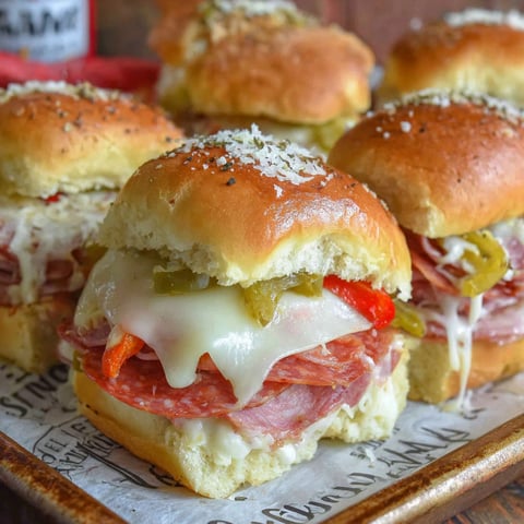 A plate of hot Italian sliders with cheese and peppers.