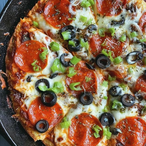 A pizza with pepperoni and black olives in a cast iron skillet.