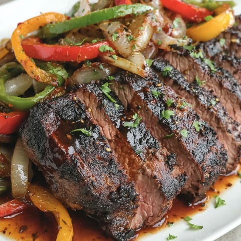 Grilled tri tip with onions and peppers.